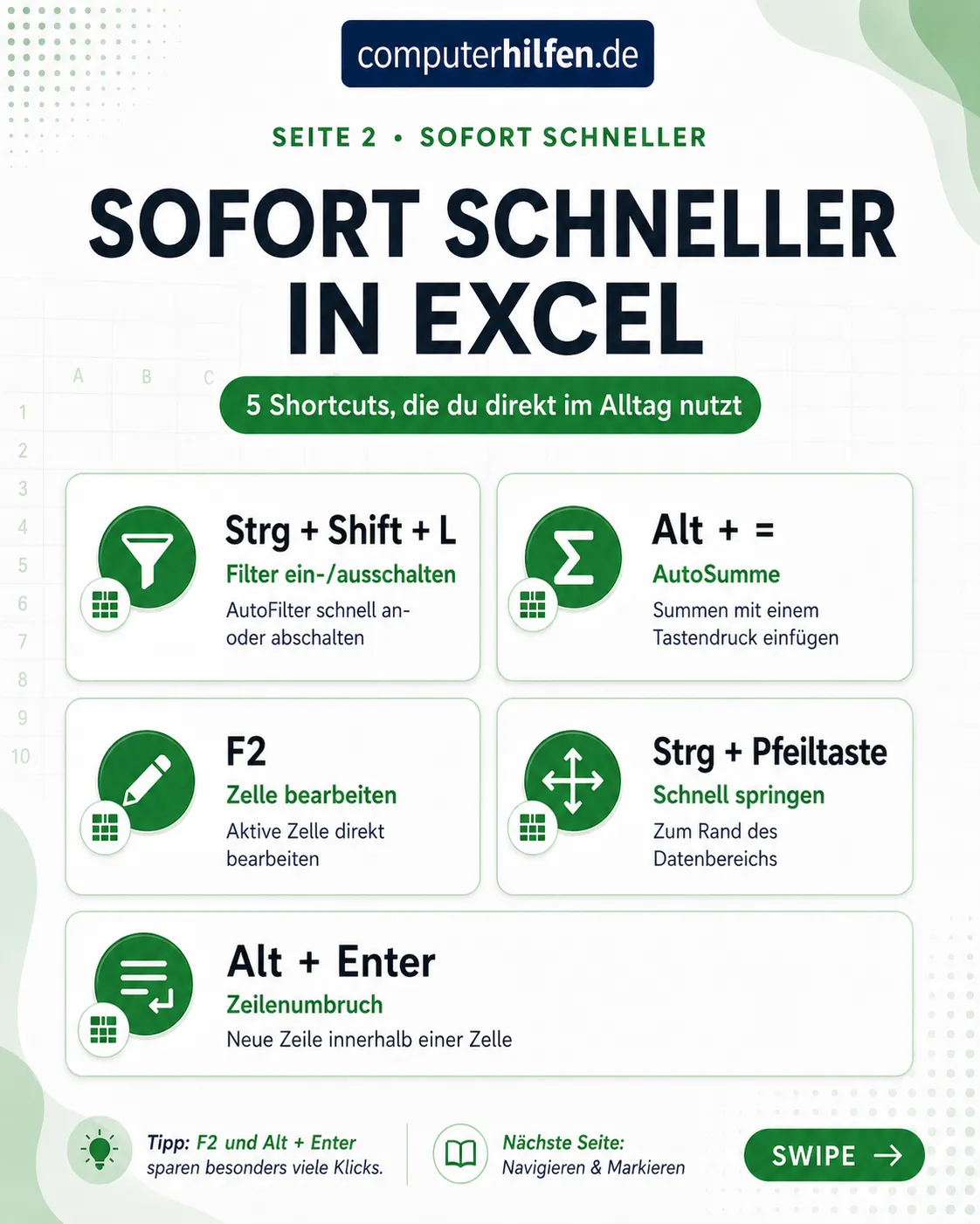 MS Excel Tastenkombinationen – Seite 2
