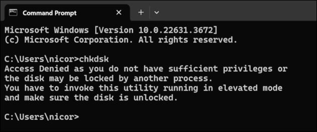 Access Denied as you do not have sufficient privileges or the disk may be locked by another process.