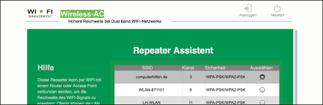 WLAN Repeater Funknetz Auswahl