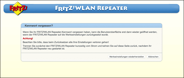Fritz.Repeater Passwort Reset