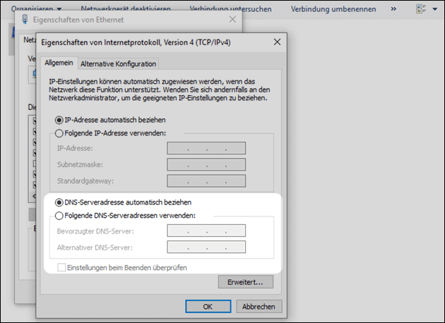Windows 10: DNS Server Einstellungen