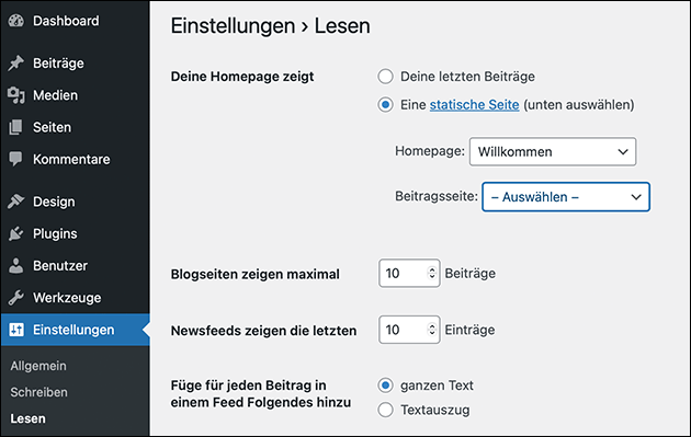 Wordpress Startseite festlegen und speichern