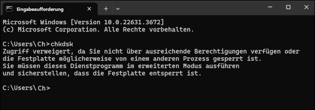 Zugriff verweigert, da Sie nicht über ausreichende Berechtigungen verfügen oder die Festplatte möglicherweise von einem anderen Prozess gesperrt ist. Sie müssen dieses Dienstprogramm im erweiterten Modus ausführen und sicherstellen, dass die Festplatte entsperrt ist.