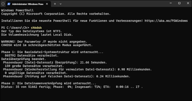 Windows CHKDSK starten (Admin Rechte)