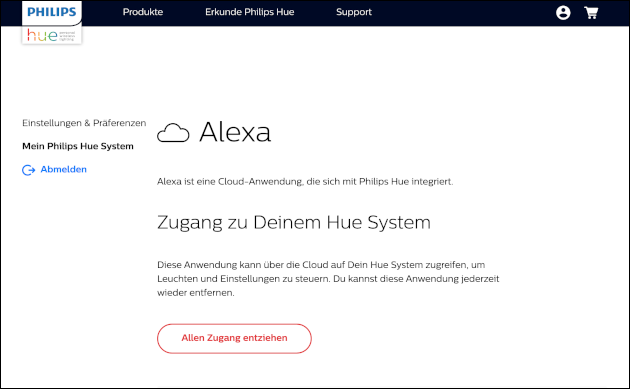 Alexa: Zugang zu Hue Bridge entziehen