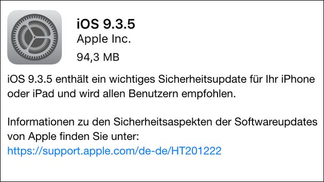 Wichtiges Update: iOS 9.3.5!